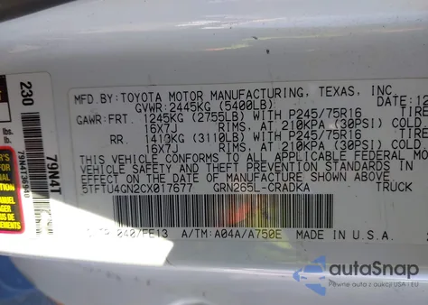2012 Toyota Tacoma Prerunner V6 z USA, uszkodzony, nr VIN 5TFTU4GN2CX017677